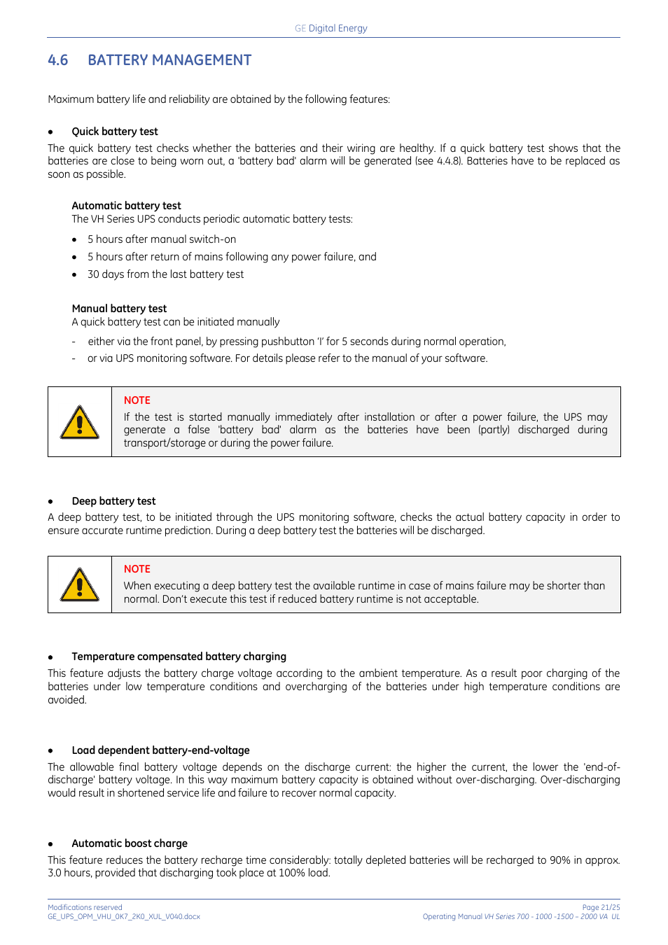 6 battery management, Battery management | GE Industrial Solutions On-line VH Series UPS User Manual | Page 21 / 25