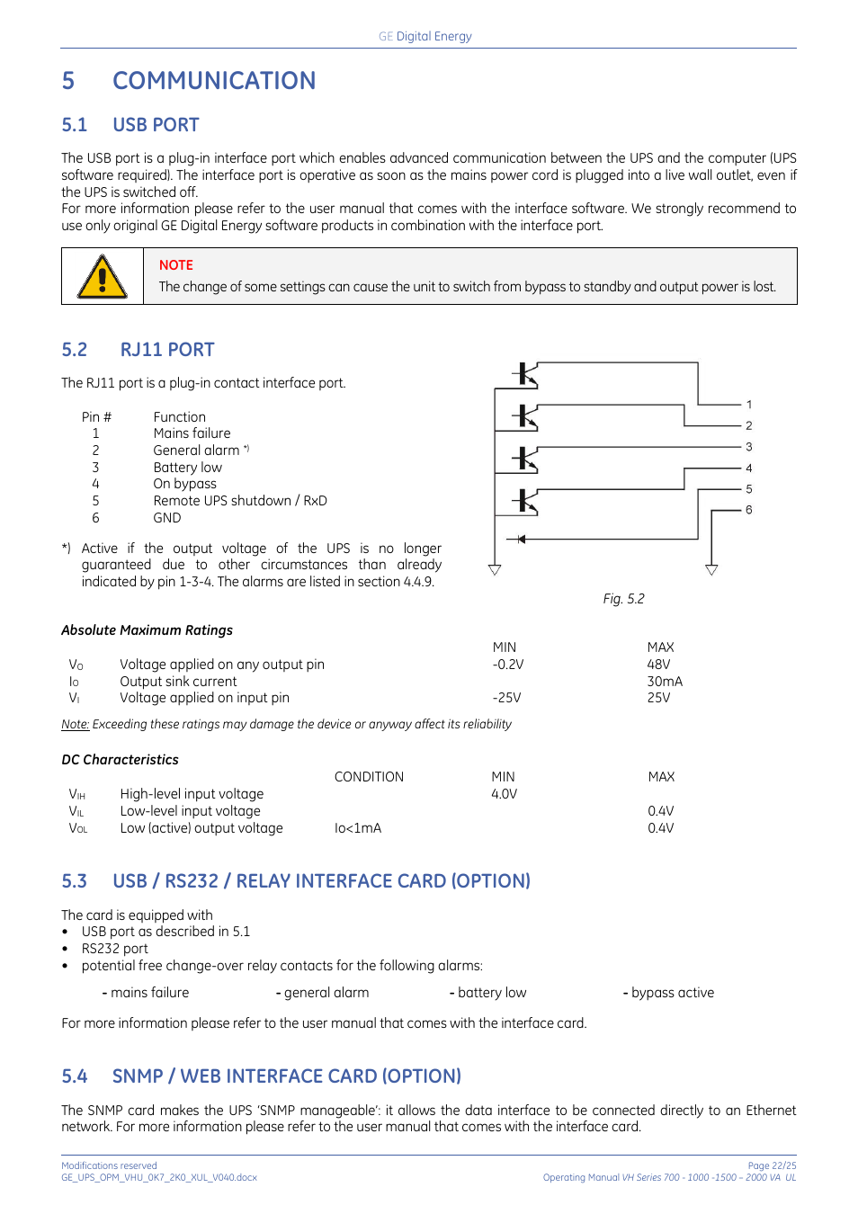 5 communication, 1 usb port, 3 usb / rs232 / relay interface card (option) | 4 snmp / web interface card (option), Communication, Usb port, Rj11 port, Usb / rs232 / relay interface card (option), Snmp / web interface card (option), 5communication | GE Industrial Solutions On-line VH Series UPS User Manual | Page 22 / 25