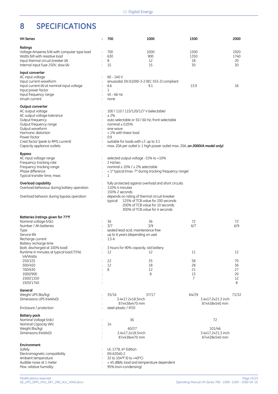 8 specifications, Specifications, 8specifications | GE Industrial Solutions On-line VH Series UPS User Manual | Page 25 / 25