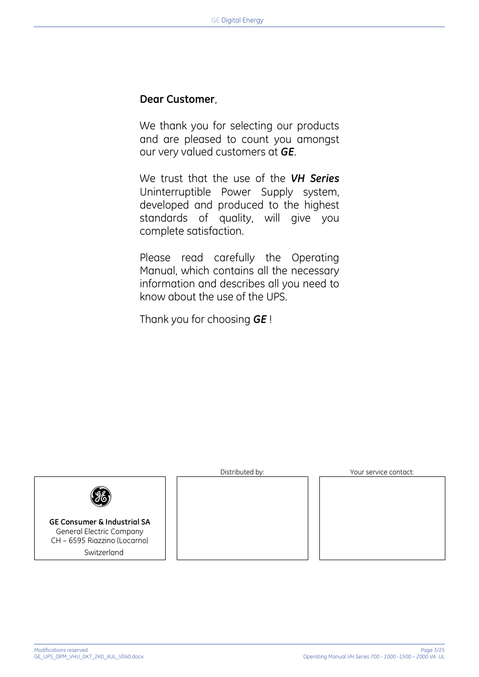 GE Industrial Solutions On-line VH Series UPS User Manual | Page 3 / 25