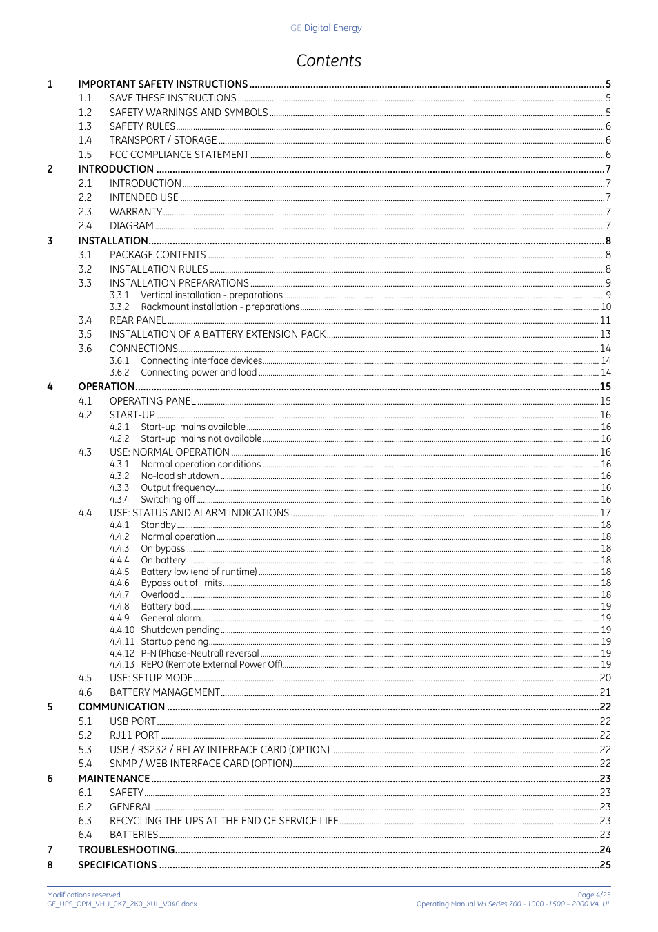 GE Industrial Solutions On-line VH Series UPS User Manual | Page 4 / 25