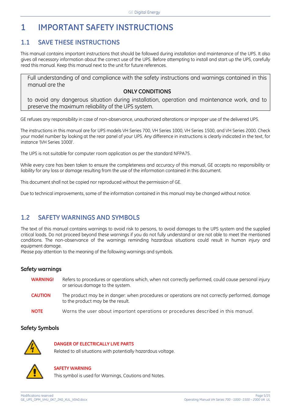 1 important safety instructions, 1 save these instructions, 2 safety warnings and symbols | Important safety instructions, Save these instructions, Safety warnings and symbols, 1important safety instructions, Safety warnings, Safety symbols | GE Industrial Solutions On-line VH Series UPS User Manual | Page 5 / 25