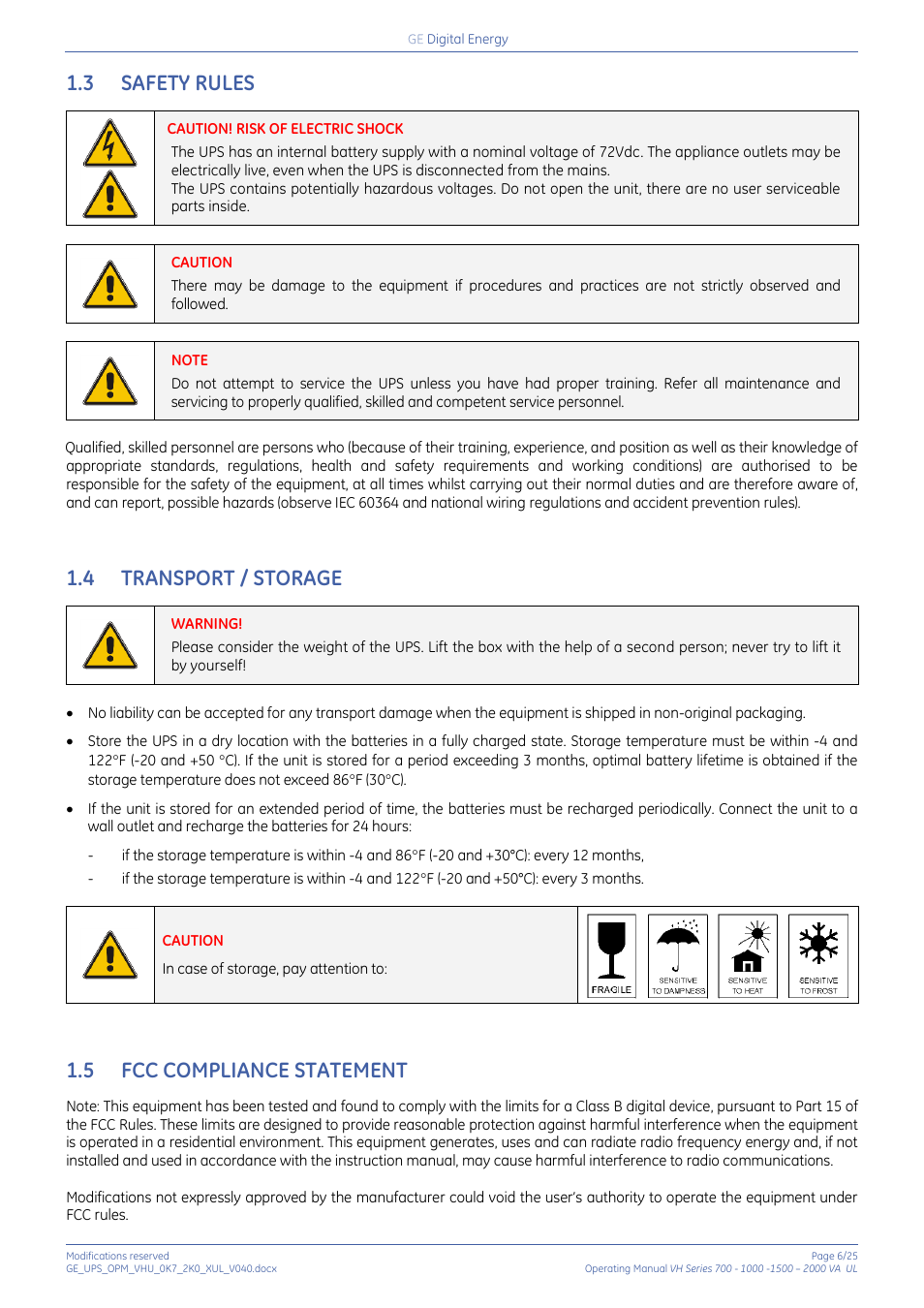 3 safety rules, 4 transport / storage, 5 fcc compliance statement | Safety rules, Transport / storage, Fcc compliance statement | GE Industrial Solutions On-line VH Series UPS User Manual | Page 6 / 25