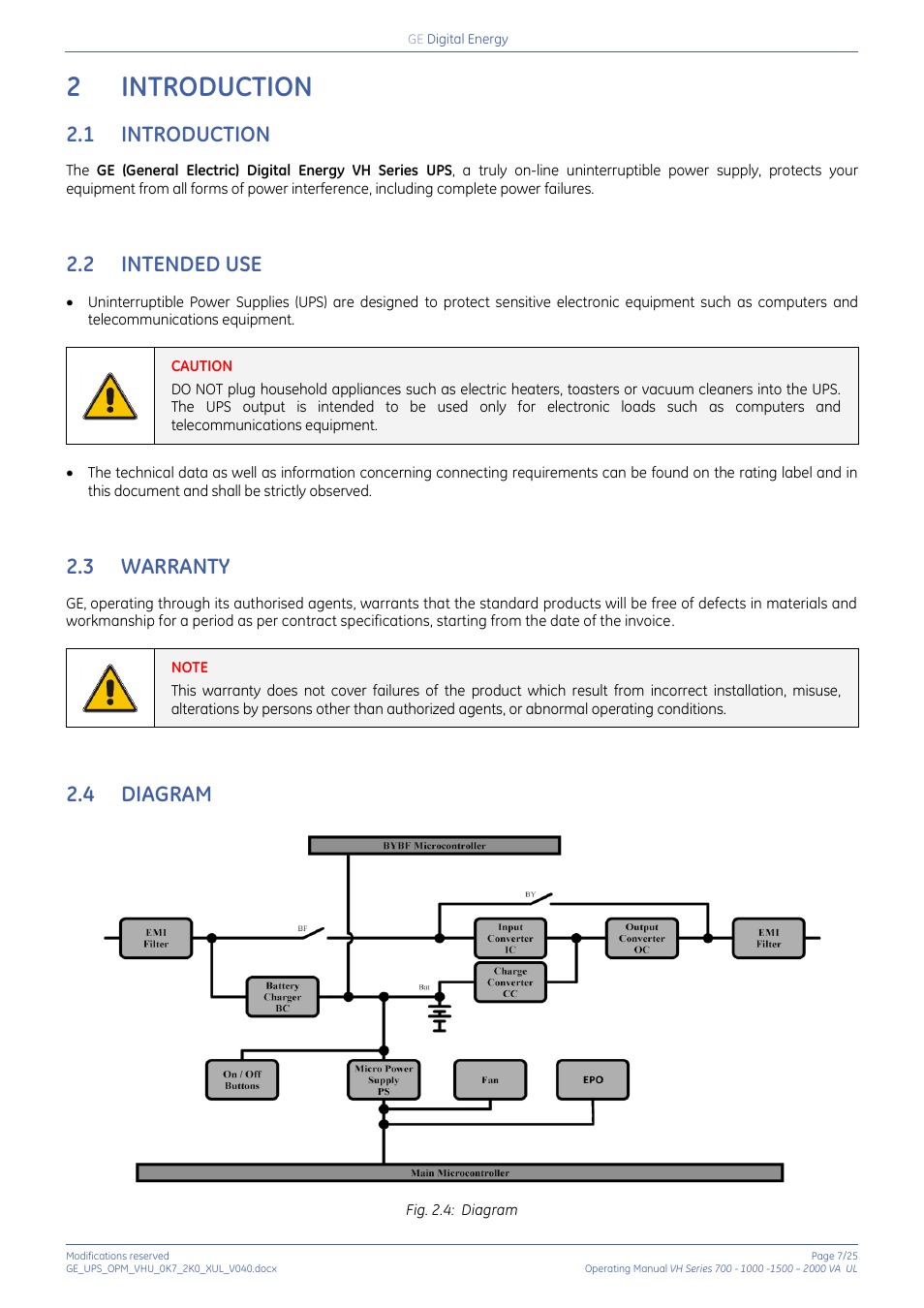 2 introduction, 1 introduction, 2 intended use | 3 warranty, 4 diagram, Introduction, Intended use, Warranty, Diagram, 2introduction | GE Industrial Solutions On-line VH Series UPS User Manual | Page 7 / 25
