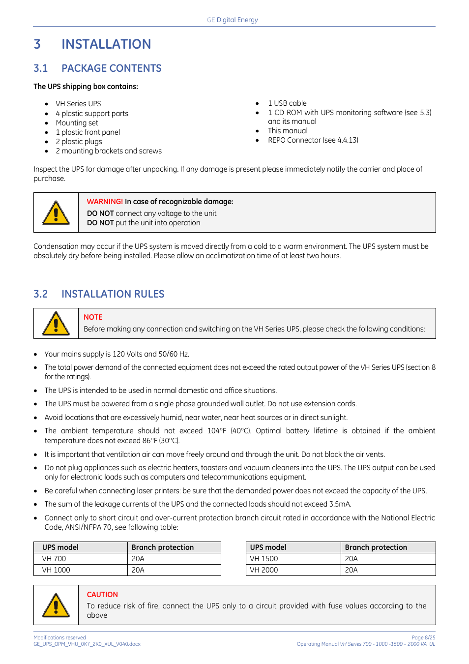 3 installation, 1 package contents, 2 installation rules | Installation, Package contents, Installation rules, 3installation | GE Industrial Solutions On-line VH Series UPS User Manual | Page 8 / 25