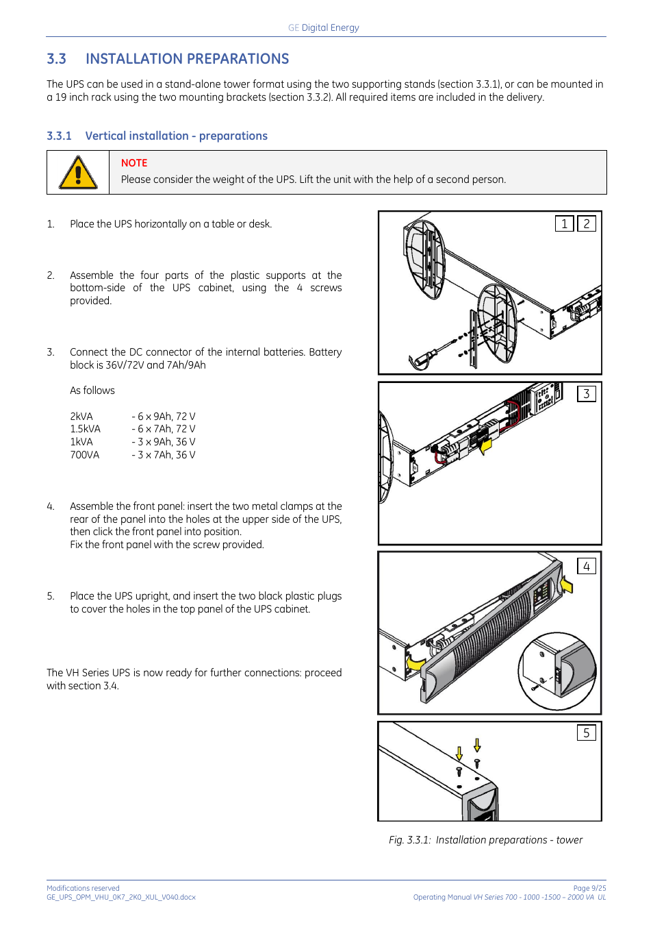 3 installation preparations, 1 vertical installation - preparations, Installation preparations | Vertical installation - preparations | GE Industrial Solutions On-line VH Series UPS User Manual | Page 9 / 25