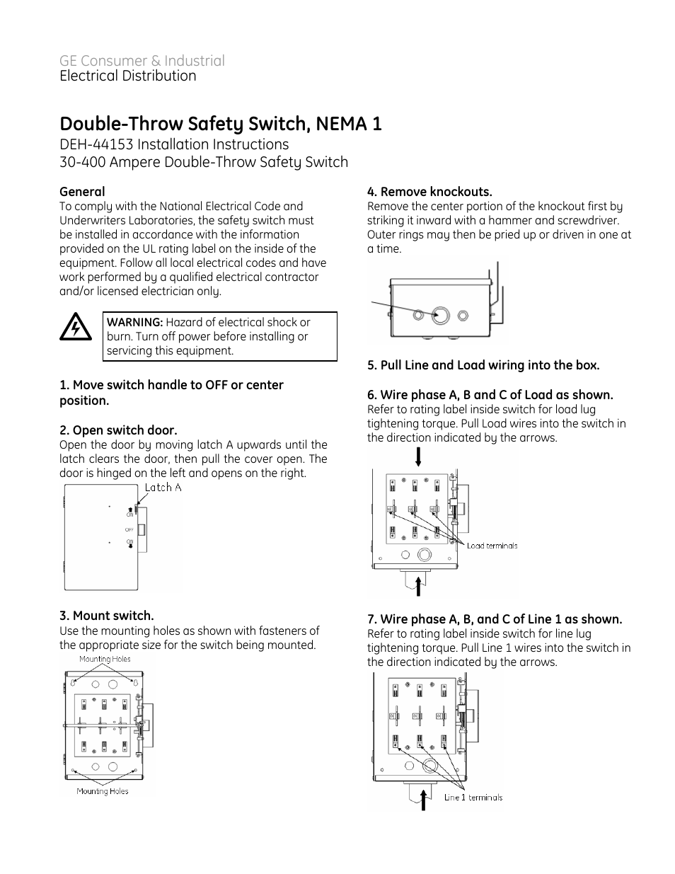 GE Industrial Solutions Double-Throw Safety Switch, NEMA 1 User Manual | 2 pages
