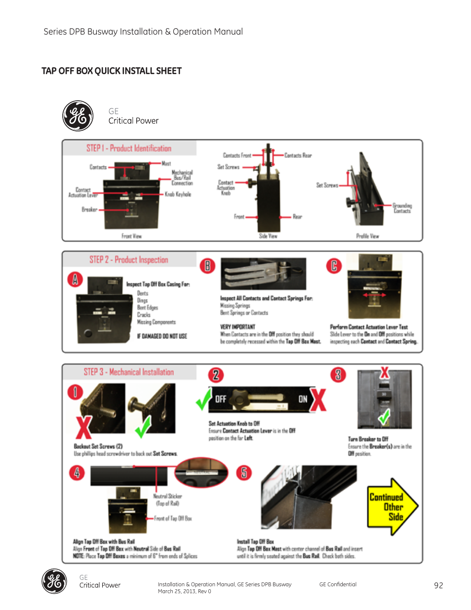 Tap off box quick install sheet | GE Industrial Solutions GE Zenith Series DPB User Manual | Page 100 / 102