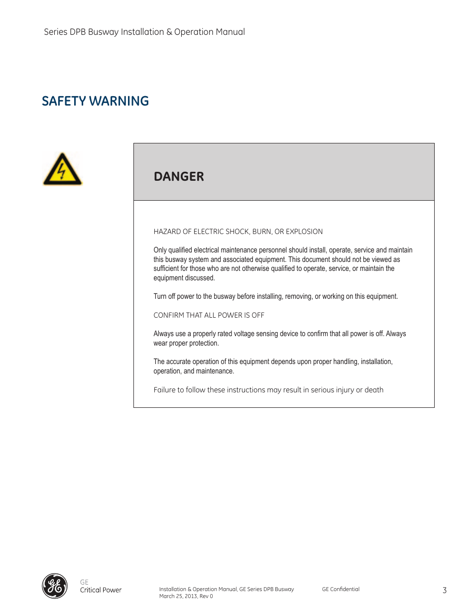 Safety warning, Danger | GE Industrial Solutions GE Zenith Series DPB User Manual | Page 11 / 102