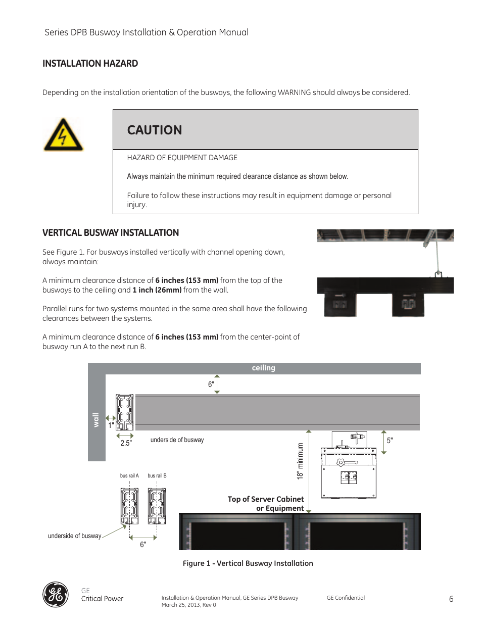Caution, Installation hazard, Vertical busway installation | GE Industrial Solutions GE Zenith Series DPB User Manual | Page 14 / 102