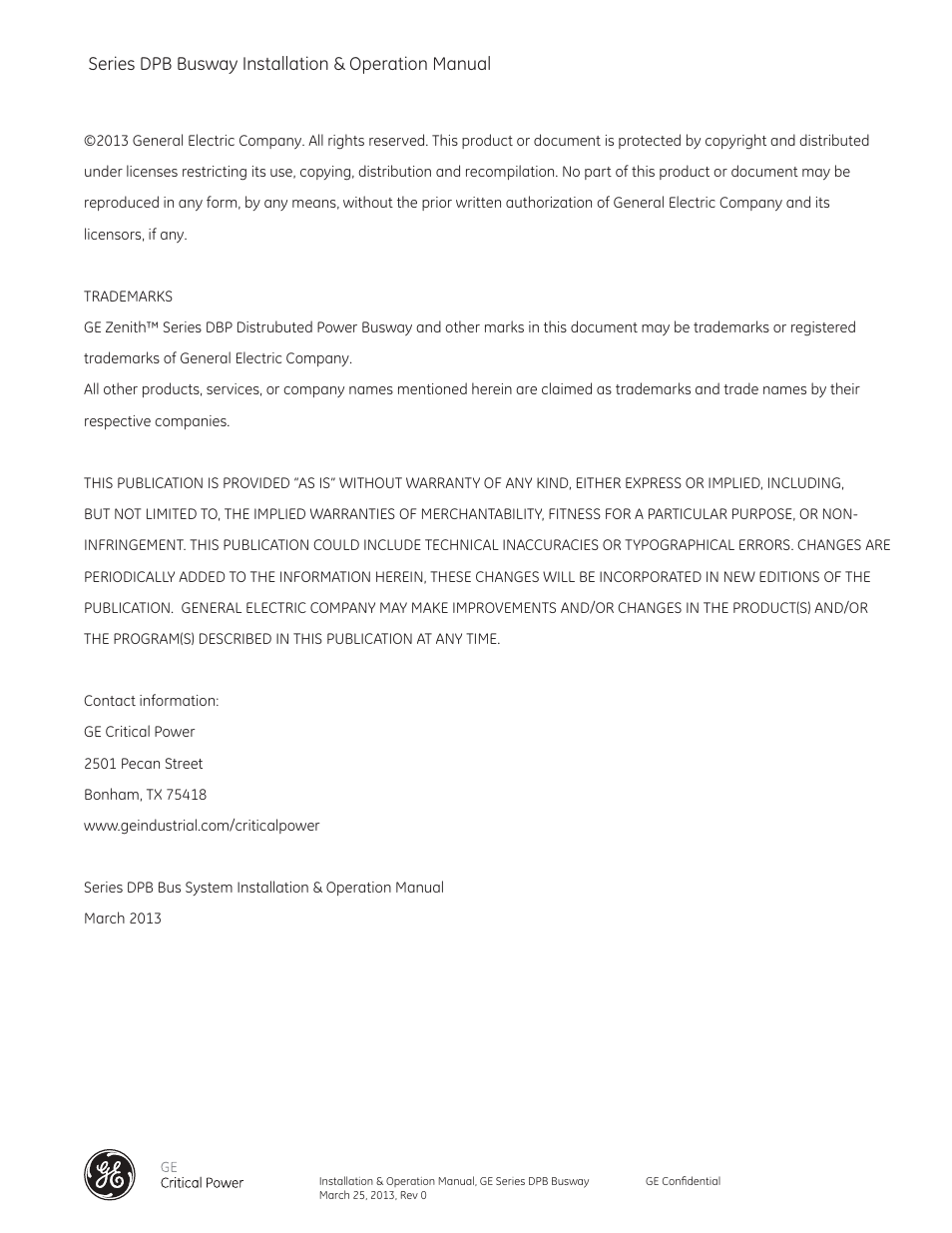 GE Industrial Solutions GE Zenith Series DPB User Manual | Page 2 / 102