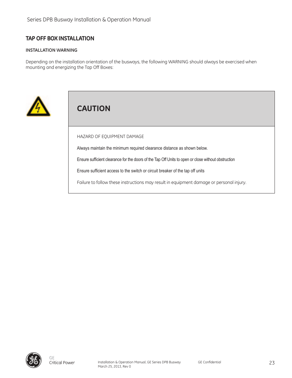 Caution, Tap off box installation | GE Industrial Solutions GE Zenith Series DPB User Manual | Page 31 / 102