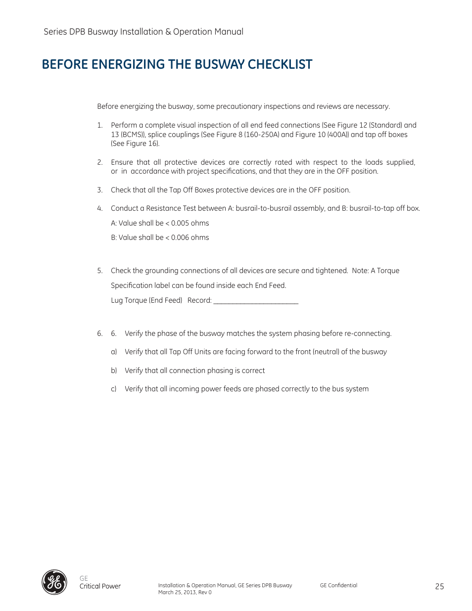 Before energizing the busway checklist | GE Industrial Solutions GE Zenith Series DPB User Manual | Page 33 / 102