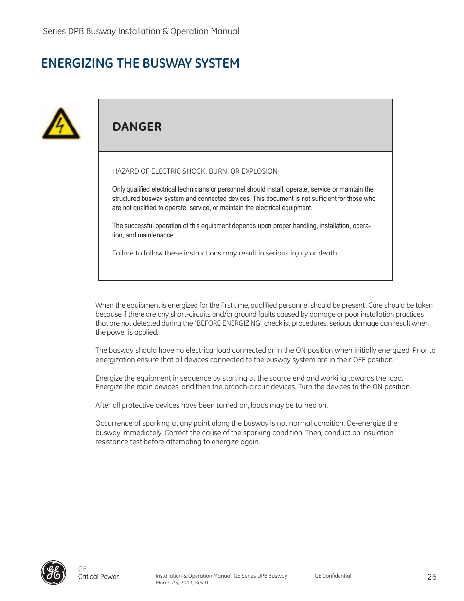 Energizing the busway system, Danger | GE Industrial Solutions GE Zenith Series DPB User Manual | Page 34 / 102