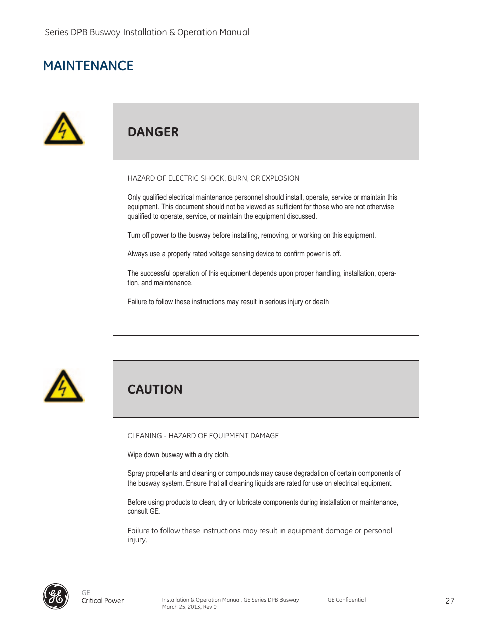 Maintenance, Danger, Caution | GE Industrial Solutions GE Zenith Series DPB User Manual | Page 35 / 102