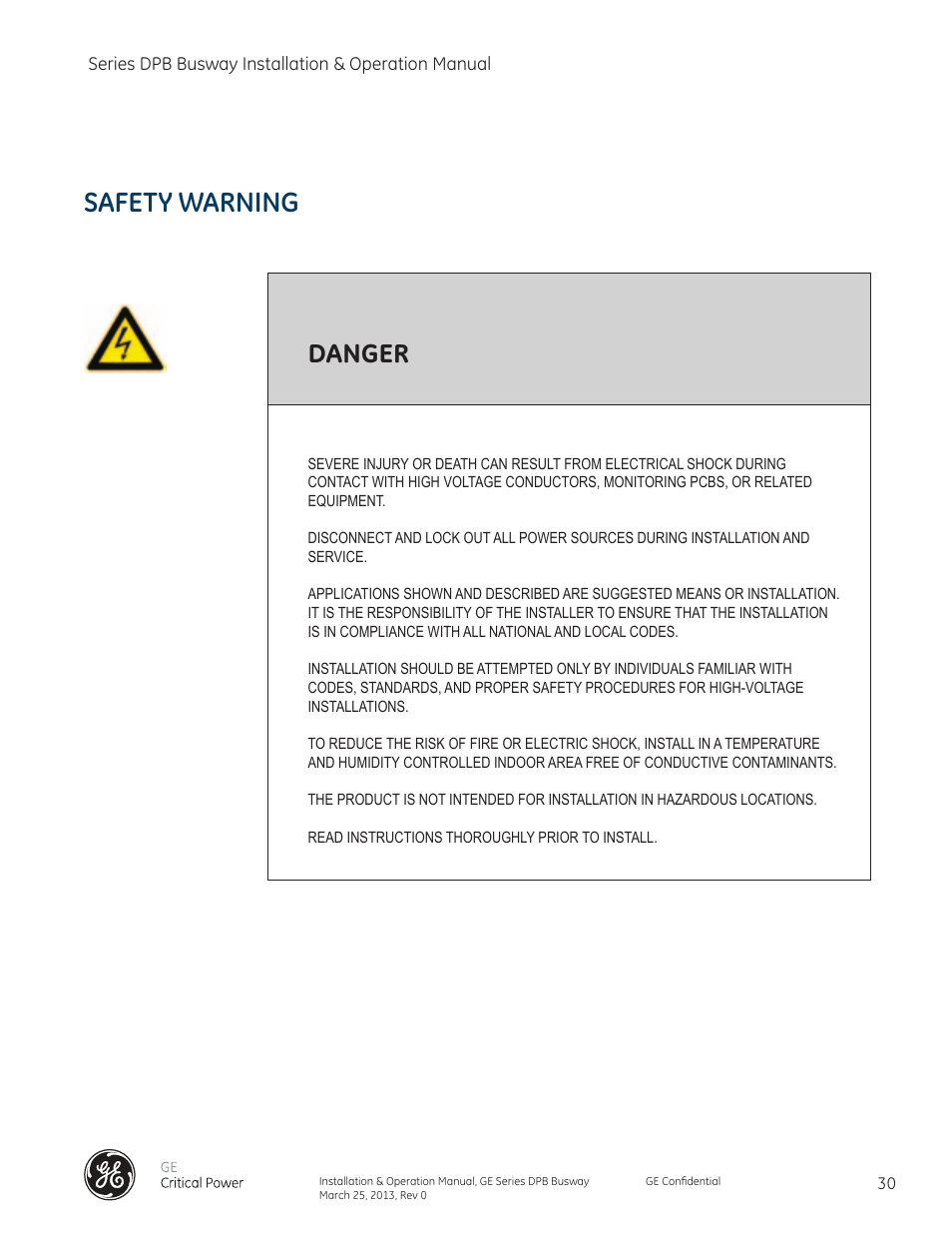 Safety warning, Danger | GE Industrial Solutions GE Zenith Series DPB User Manual | Page 38 / 102