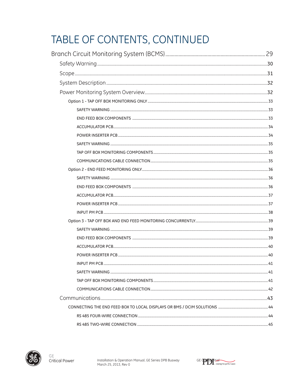 Table of contents, continued, Branch circuit monitoring system (bcms) | GE Industrial Solutions GE Zenith Series DPB User Manual | Page 4 / 102