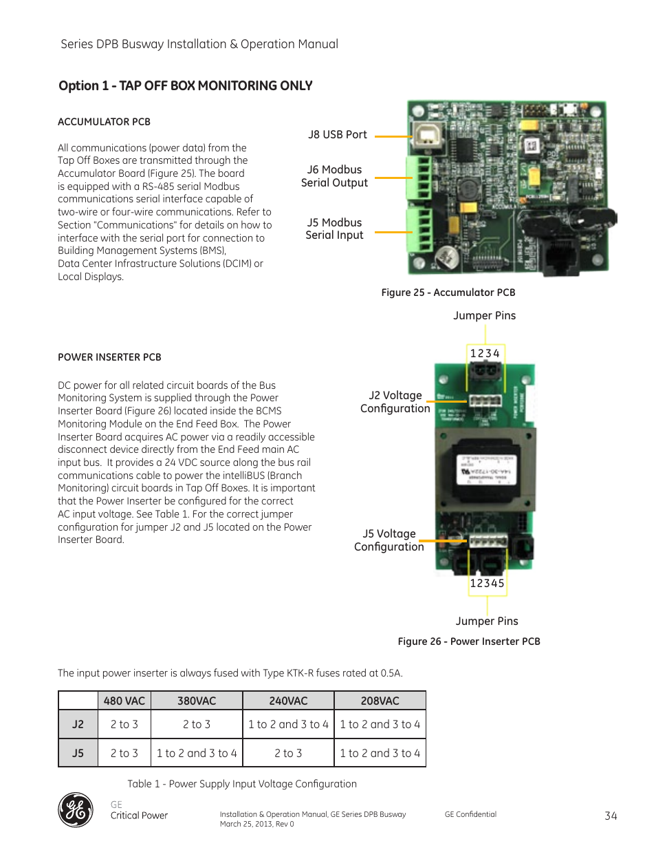 Option 1 - tap off box monitoring only | GE Industrial Solutions GE Zenith Series DPB User Manual | Page 42 / 102