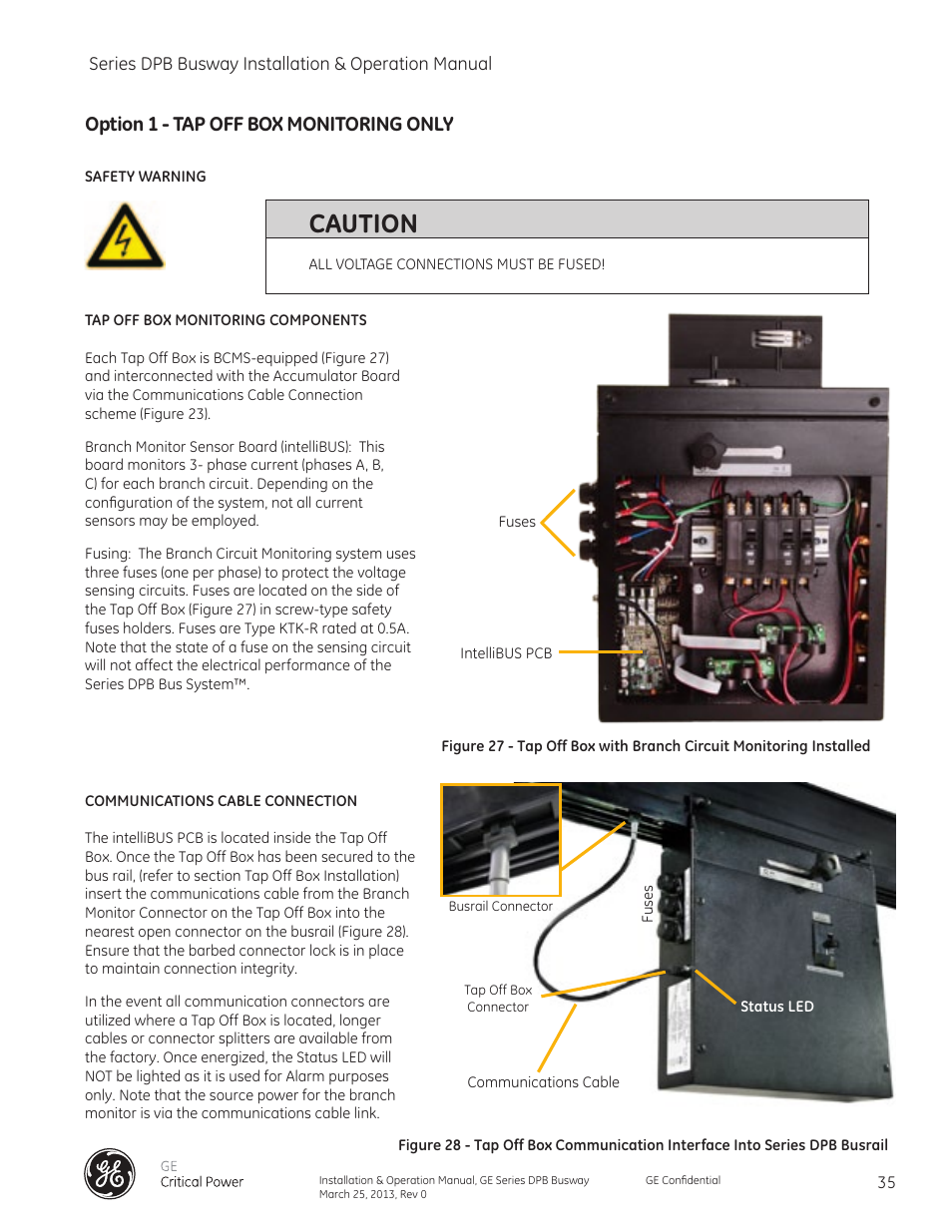 Caution, Option 1 - tap off box monitoring only | GE Industrial Solutions GE Zenith Series DPB User Manual | Page 43 / 102