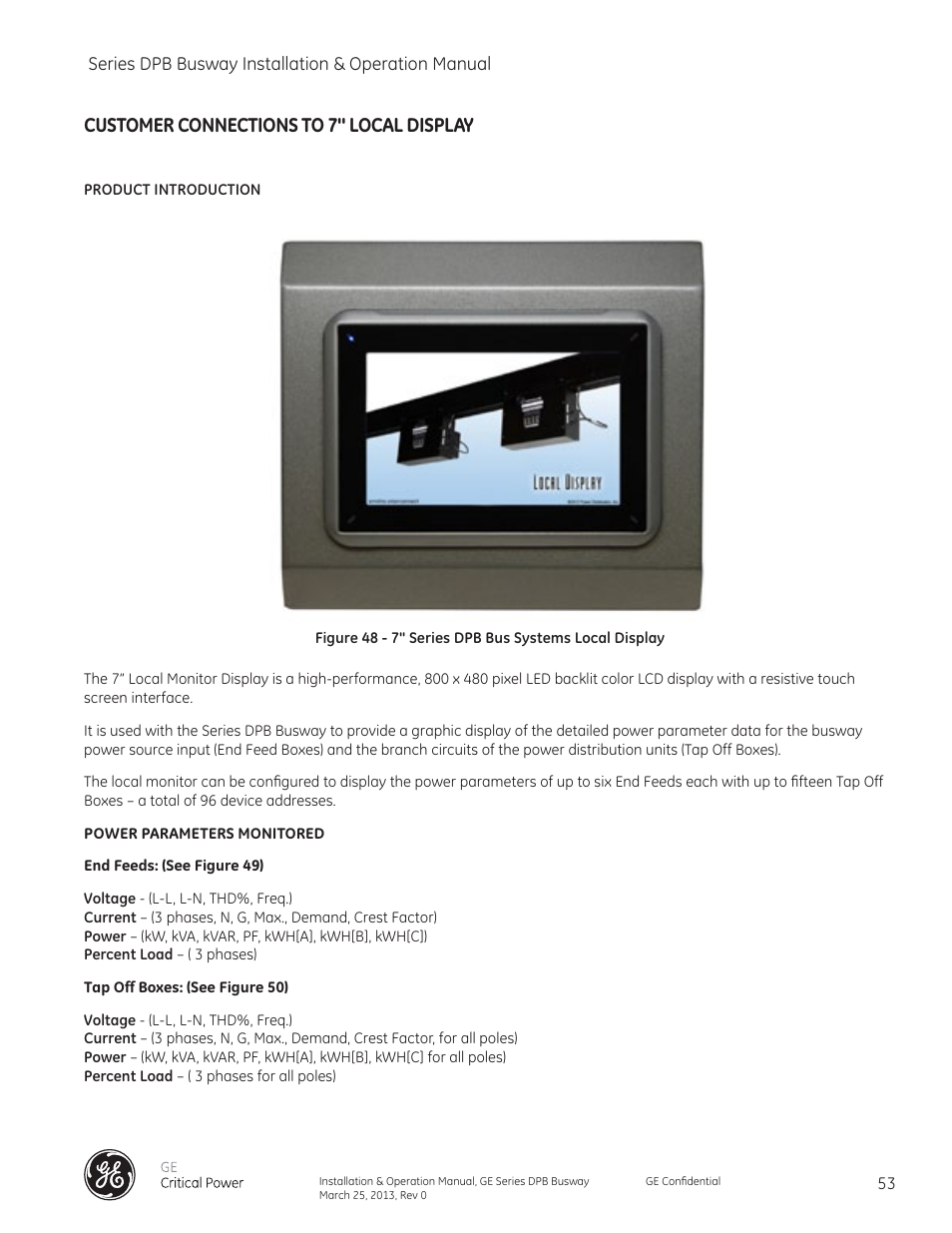 Customer connections to 7" local display | GE Industrial Solutions GE Zenith Series DPB User Manual | Page 61 / 102