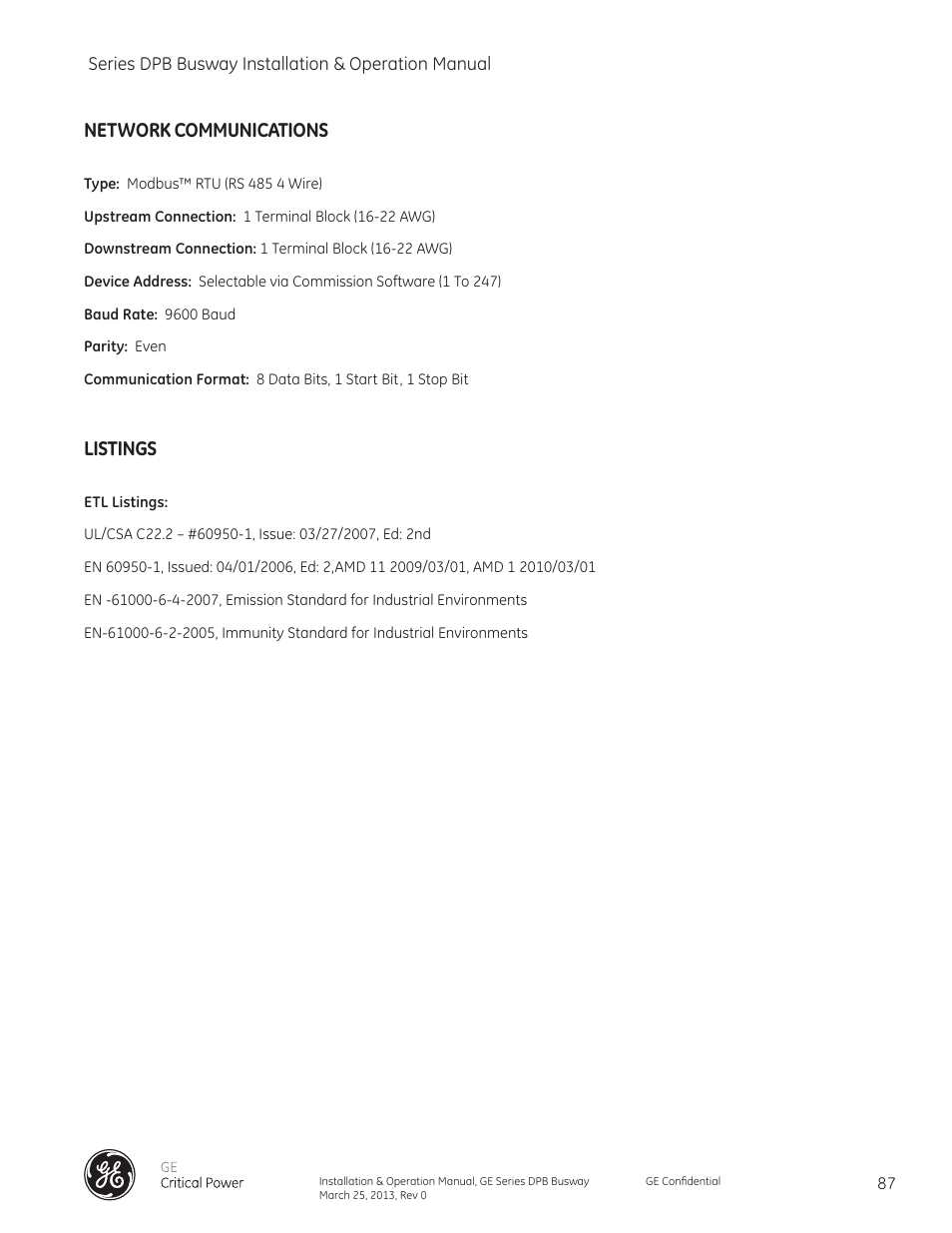 Network communications, Listings | GE Industrial Solutions GE Zenith Series DPB User Manual | Page 95 / 102
