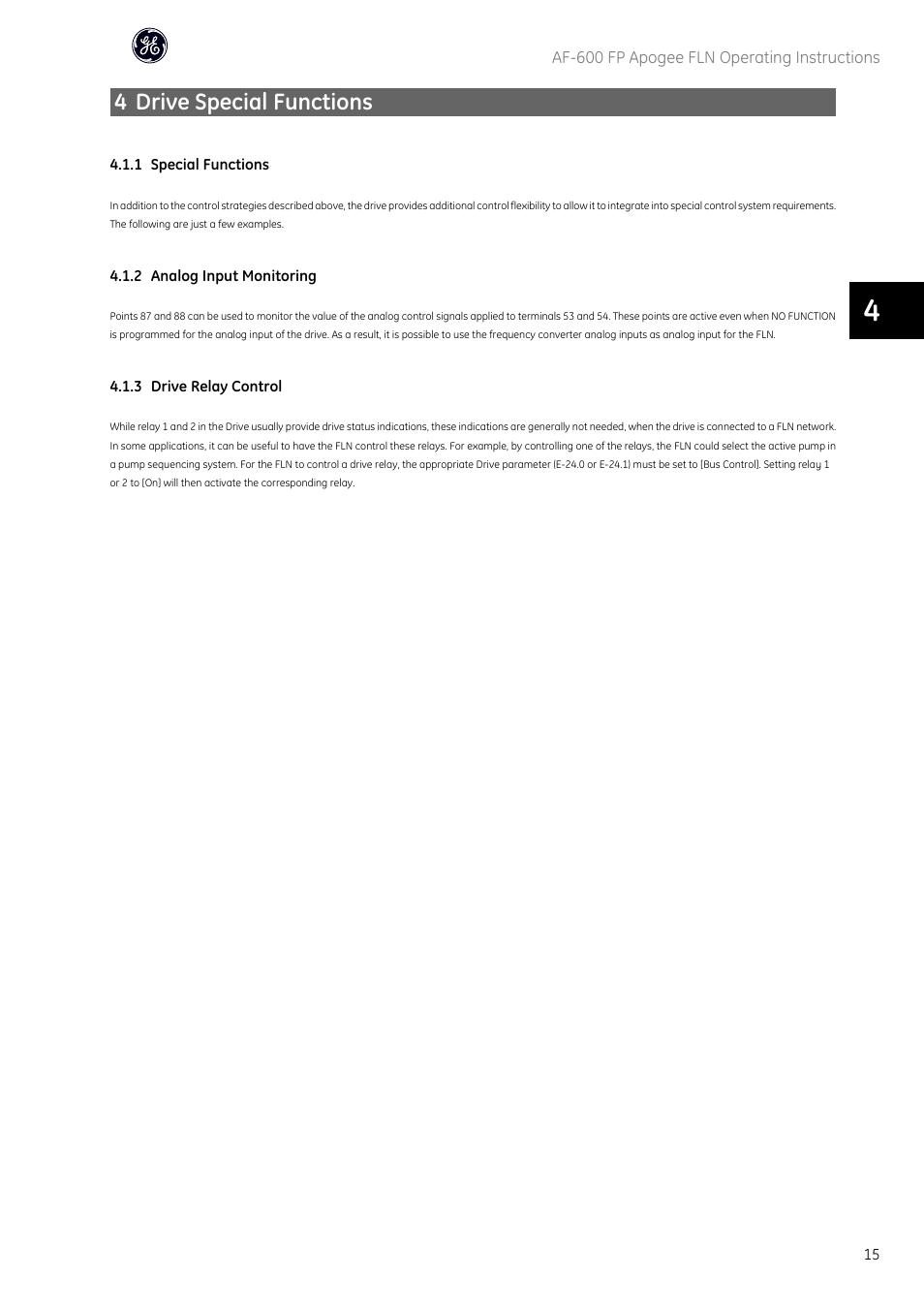 4 drive special functions | GE Industrial Solutions AF-600 FP Apogee_FLN User Manual | Page 16 / 32