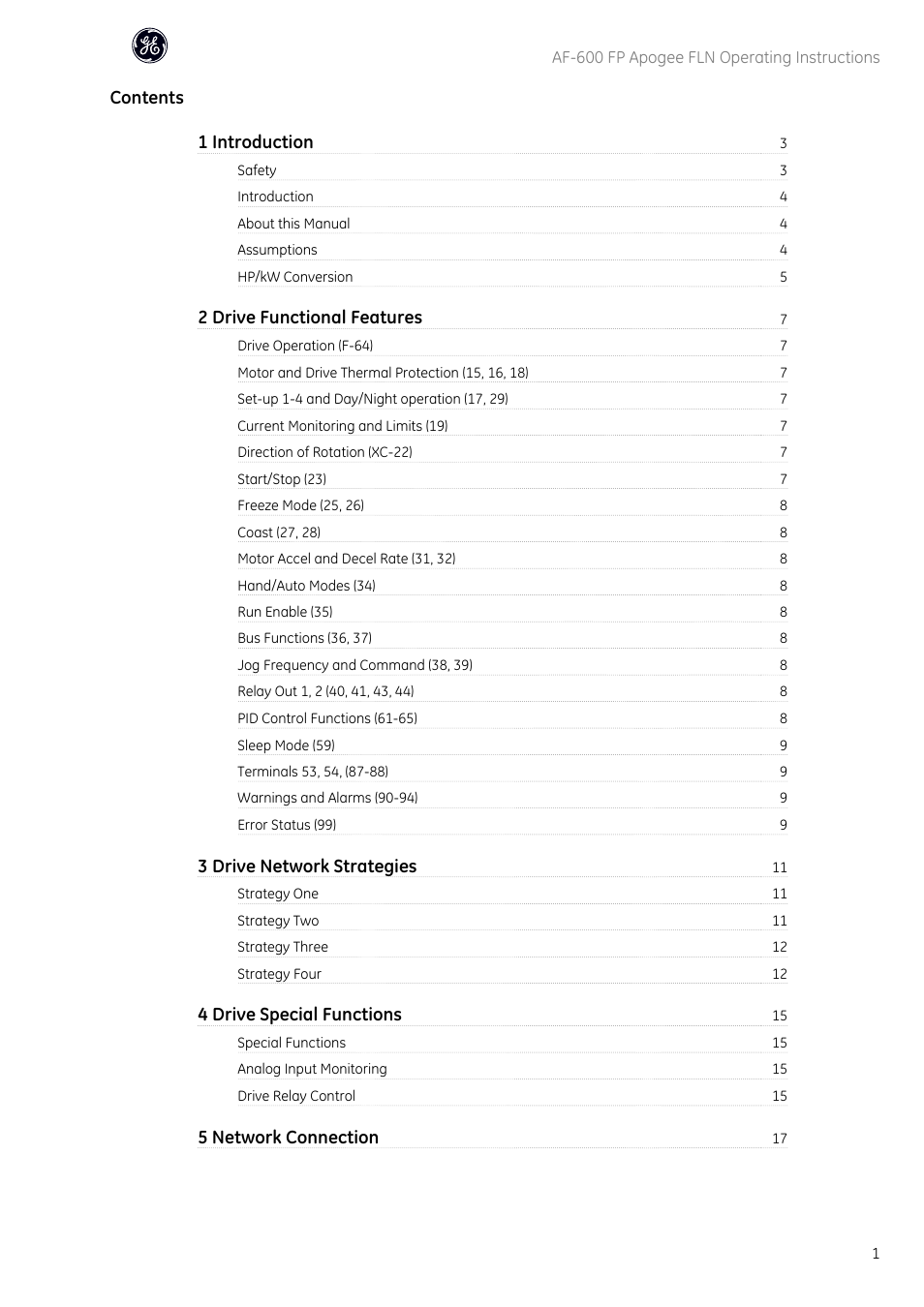 Contents 1 introduction, 2 drive functional features, 3 drive network strategies | 4 drive special functions, 5 network connection | GE Industrial Solutions AF-600 FP Apogee_FLN User Manual | Page 2 / 32