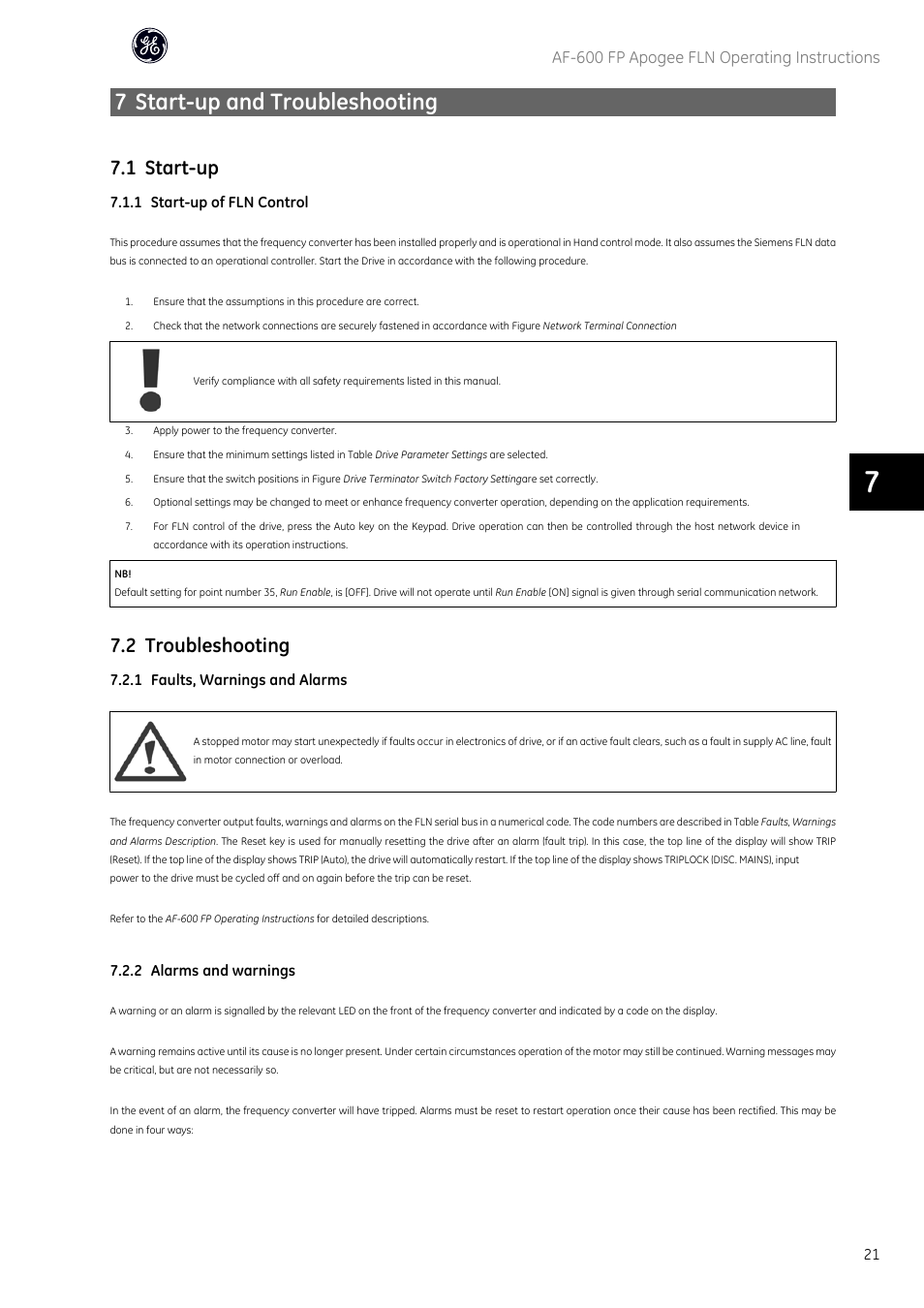 7 start-up and troubleshooting, 1 start-up, 2 troubleshooting | Af-600 fp apogee fln operating instructions | GE Industrial Solutions AF-600 FP Apogee_FLN User Manual | Page 22 / 32