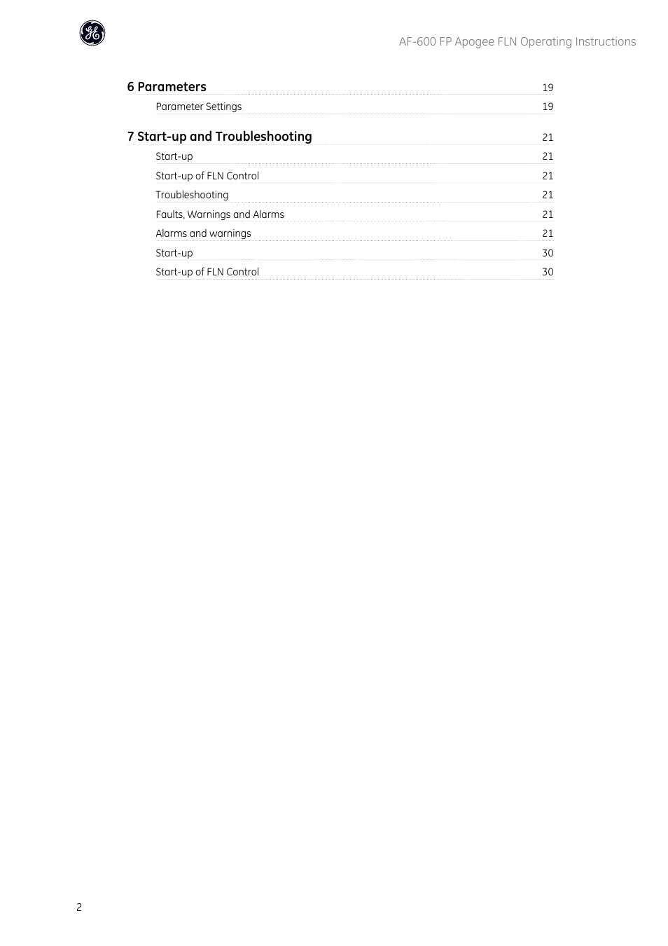 6 parameters, 7 start-up and troubleshooting | GE Industrial Solutions AF-600 FP Apogee_FLN User Manual | Page 3 / 32
