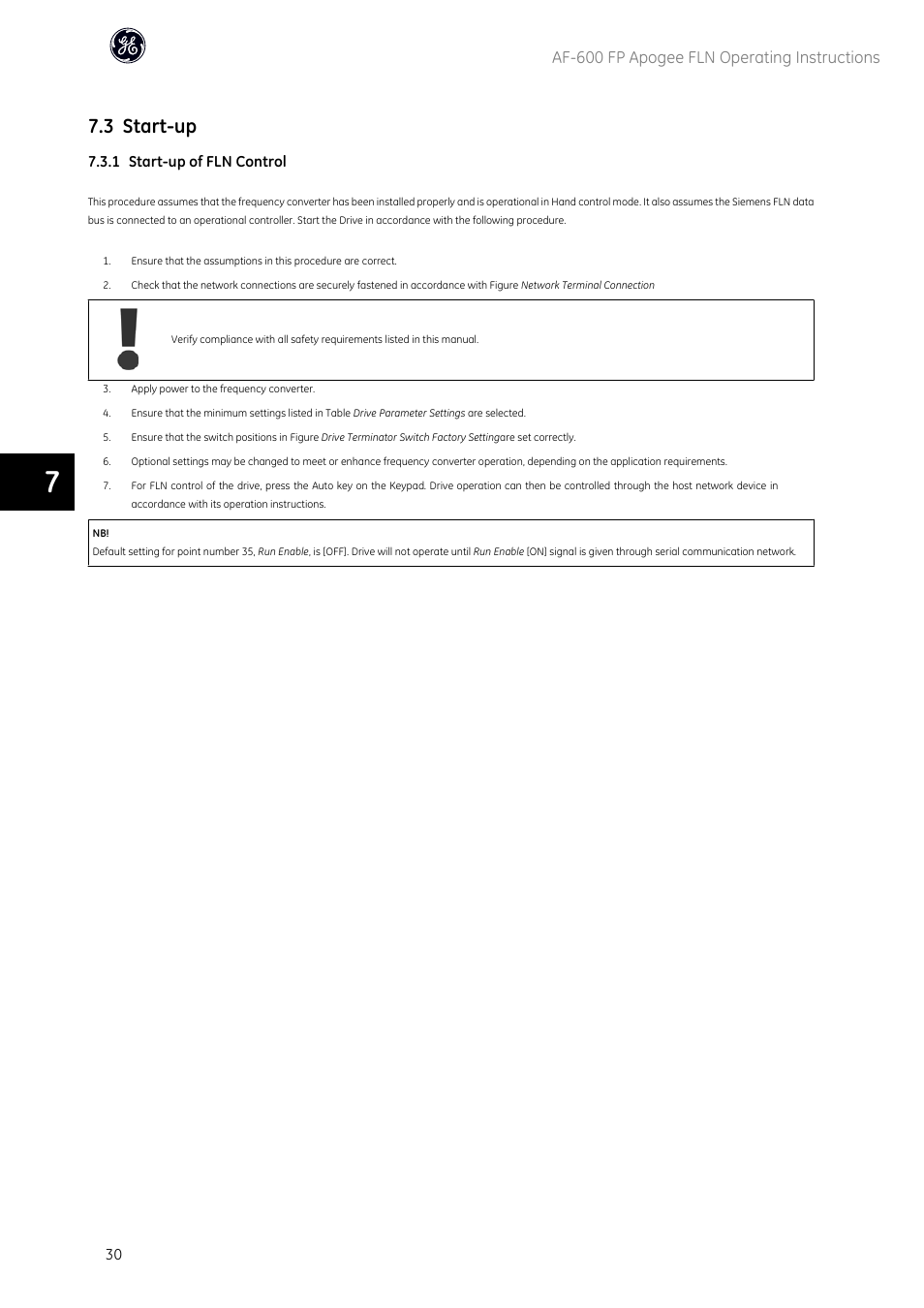 3 start-up, Af-600 fp apogee fln operating instructions | GE Industrial Solutions AF-600 FP Apogee_FLN User Manual | Page 31 / 32