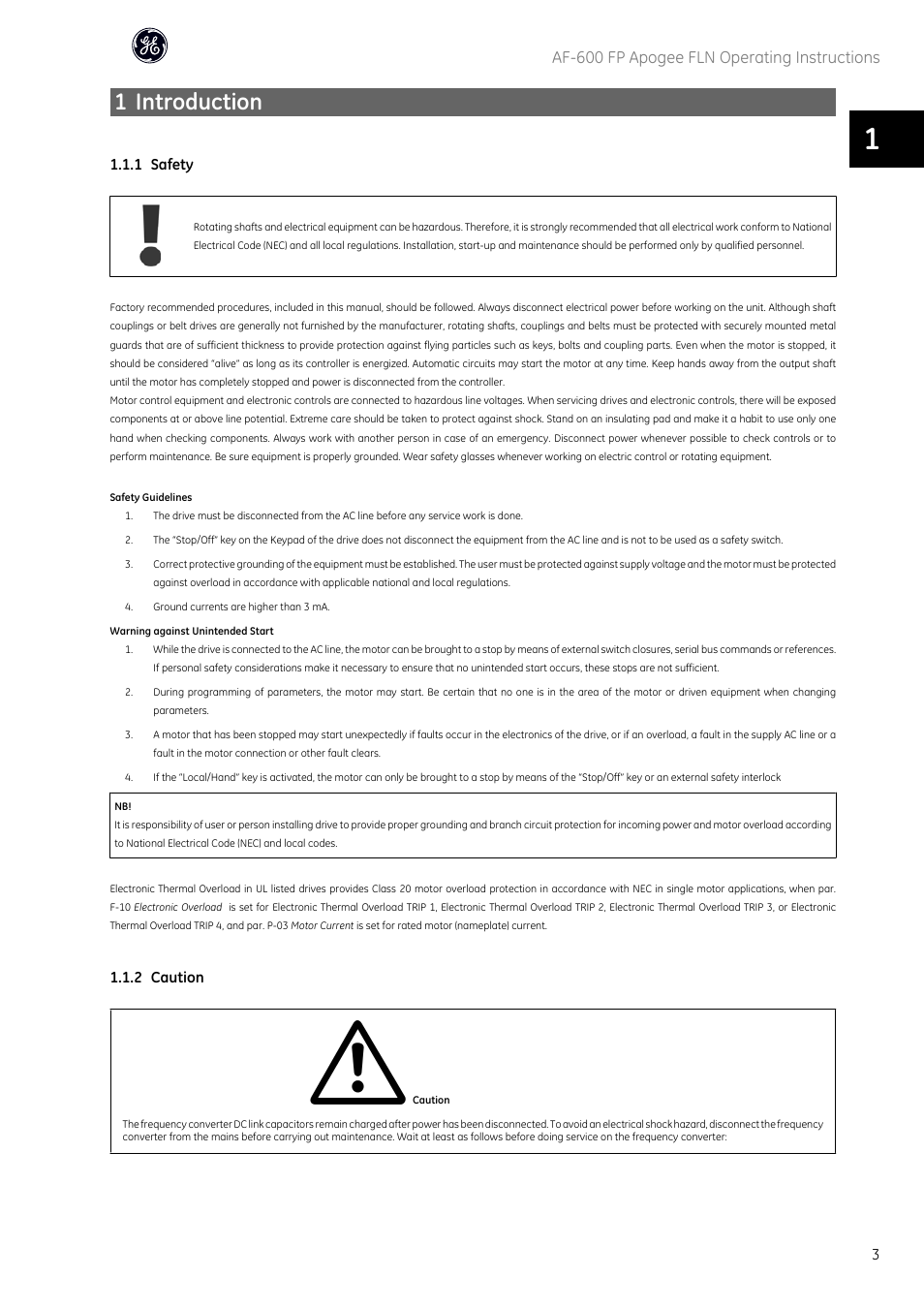 1 introduction, Af-600 fp apogee fln operating instructions | GE Industrial Solutions AF-600 FP Apogee_FLN User Manual | Page 4 / 32