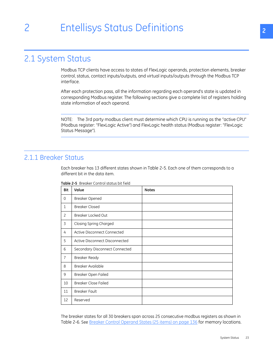 0_chaptertitle - entellisys status definitions, 1headanywhere - 2.1 system status, 2head - 2.1.1 breaker status | 2entellisys status definitions, 1 system status, 1 breaker status | GE Industrial Solutions Entellisys 5.0 Integrator's Guide User Manual | Page 23 / 162