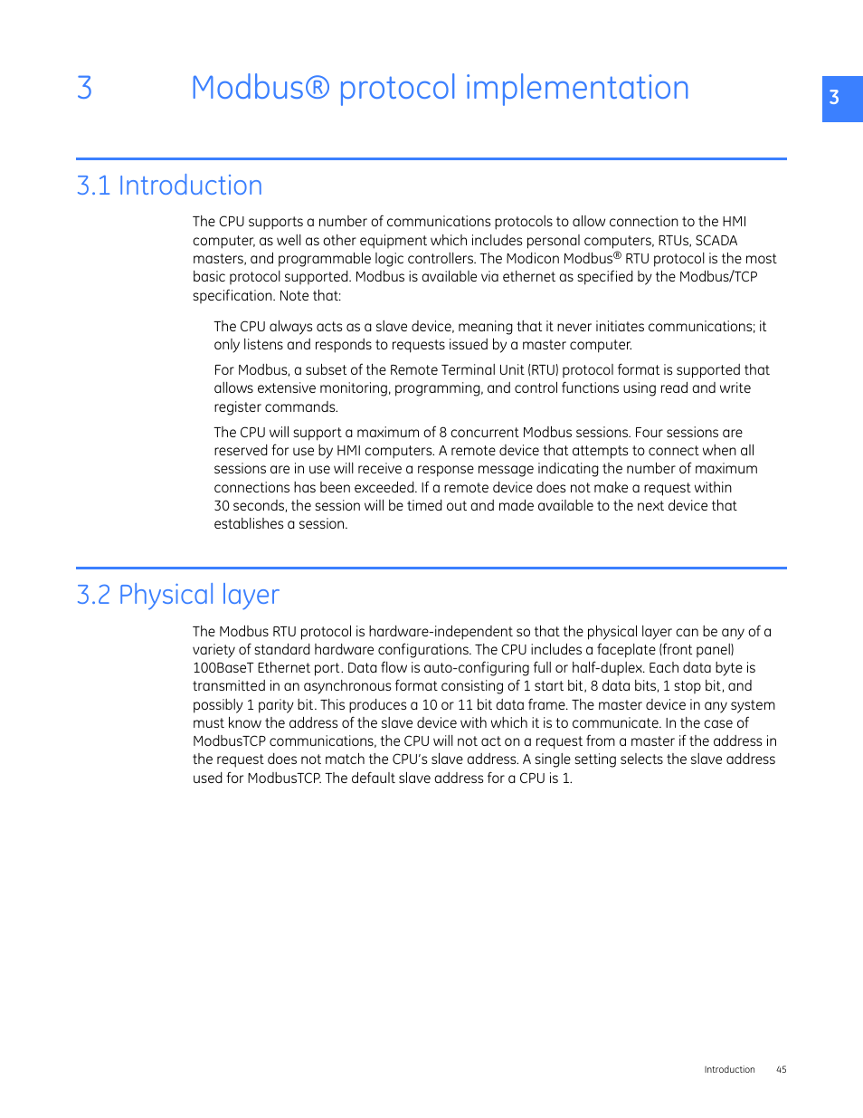 0_chaptertitle - modbus® protocol implementation, 1headanywhere - 3.1 introduction, 1headanywhere - 3.2 physical layer | 3modbus® protocol implementation, 1 introduction, 2 physical layer | GE Industrial Solutions Entellisys 5.0 Integrator's Guide User Manual | Page 45 / 162