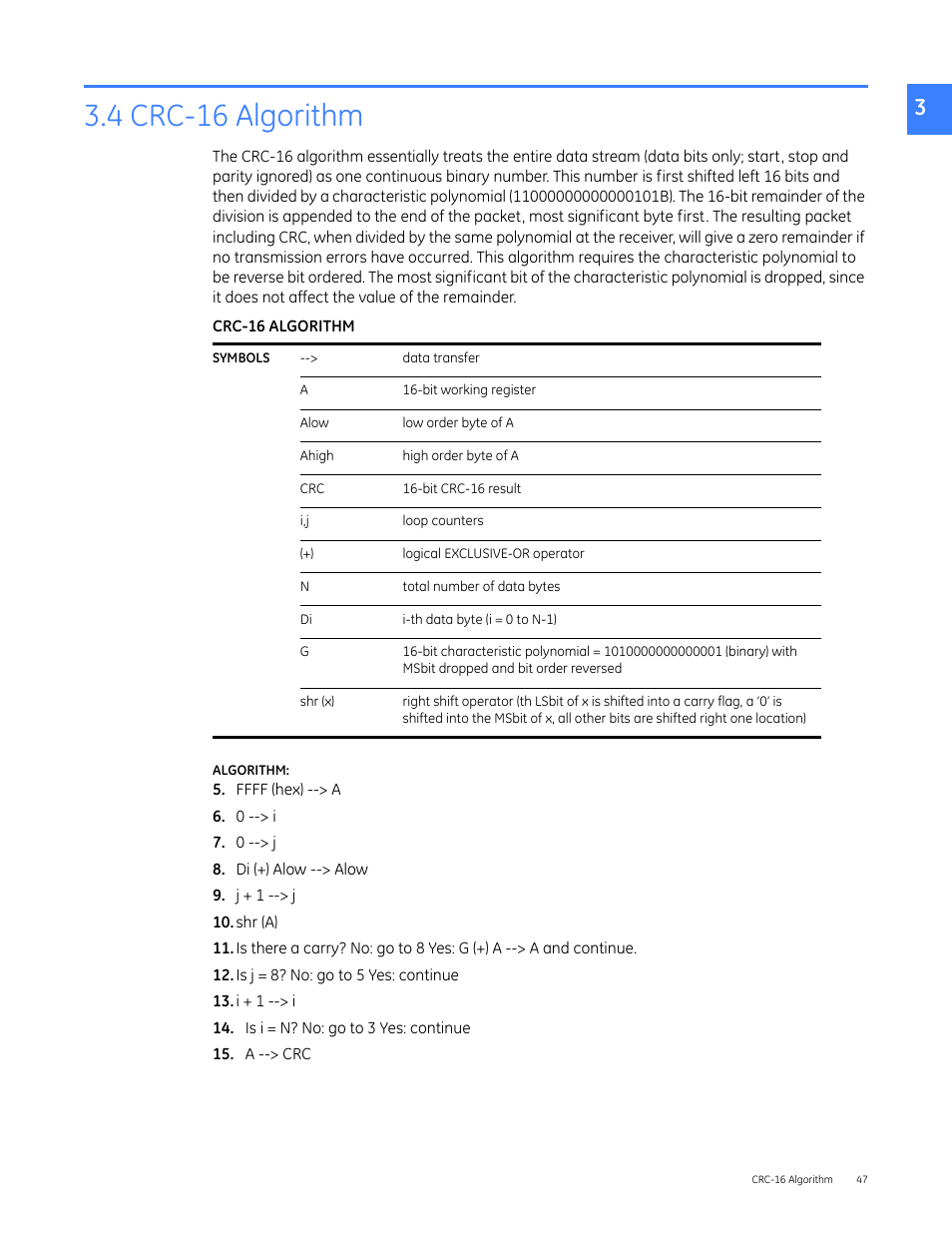 1head - 3.4 crc-16 algorithm, 4 crc-16 algorithm | GE Industrial Solutions Entellisys 5.0 Integrator's Guide User Manual | Page 47 / 162