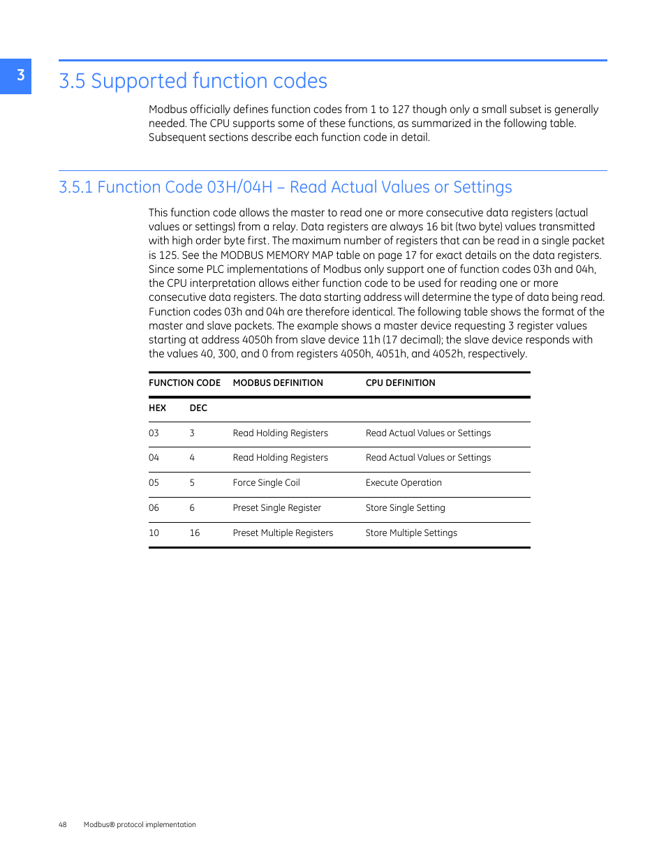 1head - 3.5 supported function codes, 5 supported function codes, Section 3.5 | GE Industrial Solutions Entellisys 5.0 Integrator's Guide User Manual | Page 48 / 162