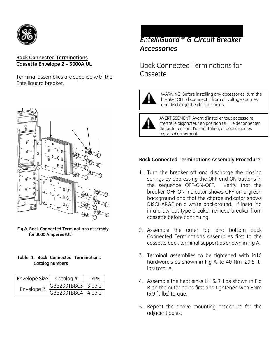 GE Industrial Solutions EntelliGuard G Back Connected Terminations for Cassette Envelope 2 – 3000A UL User Manual | 2 pages