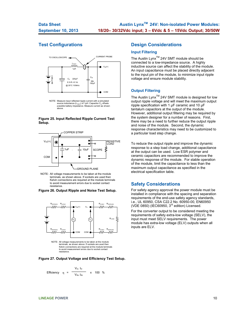 Test configurations, Design considerations, Safety considerations | Austin lynx, Input filtering, Output filtering, Lineage power 10, Figure 26. output ripple and noise test setup, The austin lynx | GE Industrial Solutions Austin Lynx 24V User Manual | Page 10 / 19