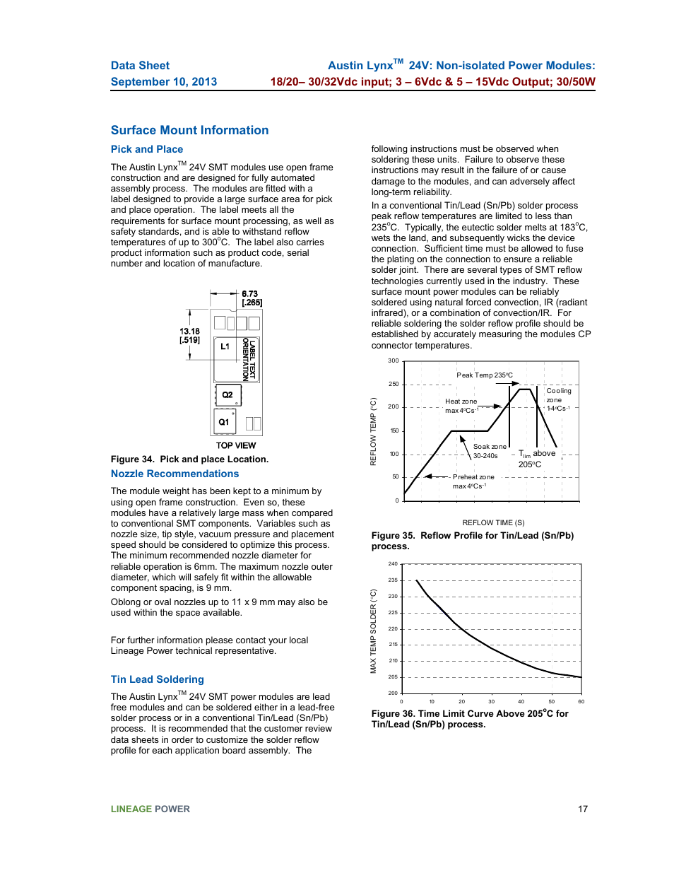 Surface mount information, Austin lynx, Pick and place | Nozzle recommendations, Tin lead soldering | GE Industrial Solutions Austin Lynx 24V User Manual | Page 17 / 19