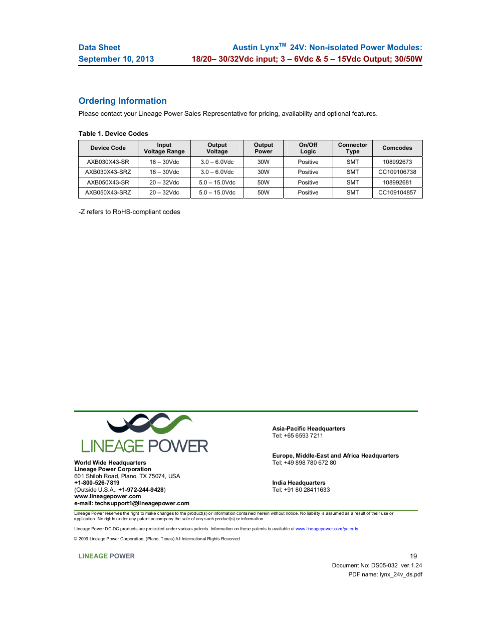 Ordering information, Austin lynx | GE Industrial Solutions Austin Lynx 24V User Manual | Page 19 / 19