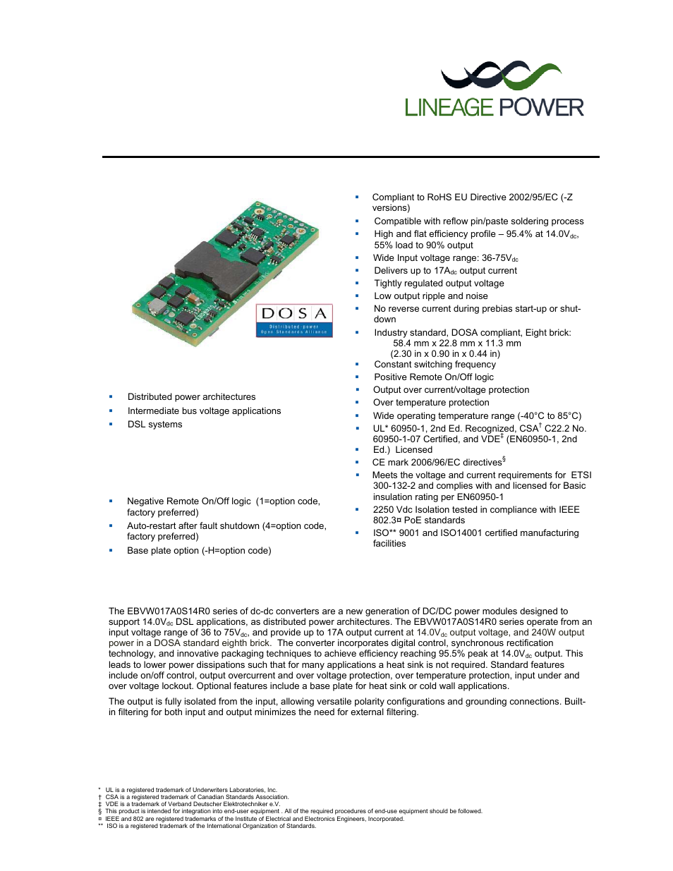 GE Industrial Solutions EBVW017A0S14R0 Series User Manual | 15 pages