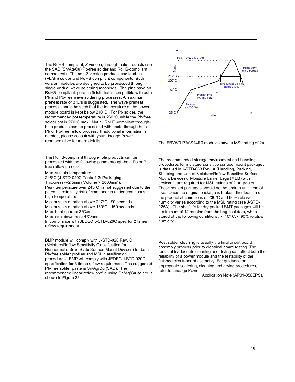 Through-hole lead-free soldering information, Reflow lead-free soldering information, Post solder cleaning and drying considerations | GE Industrial Solutions EBVW017A0S14R0 Series User Manual | Page 10 / 15