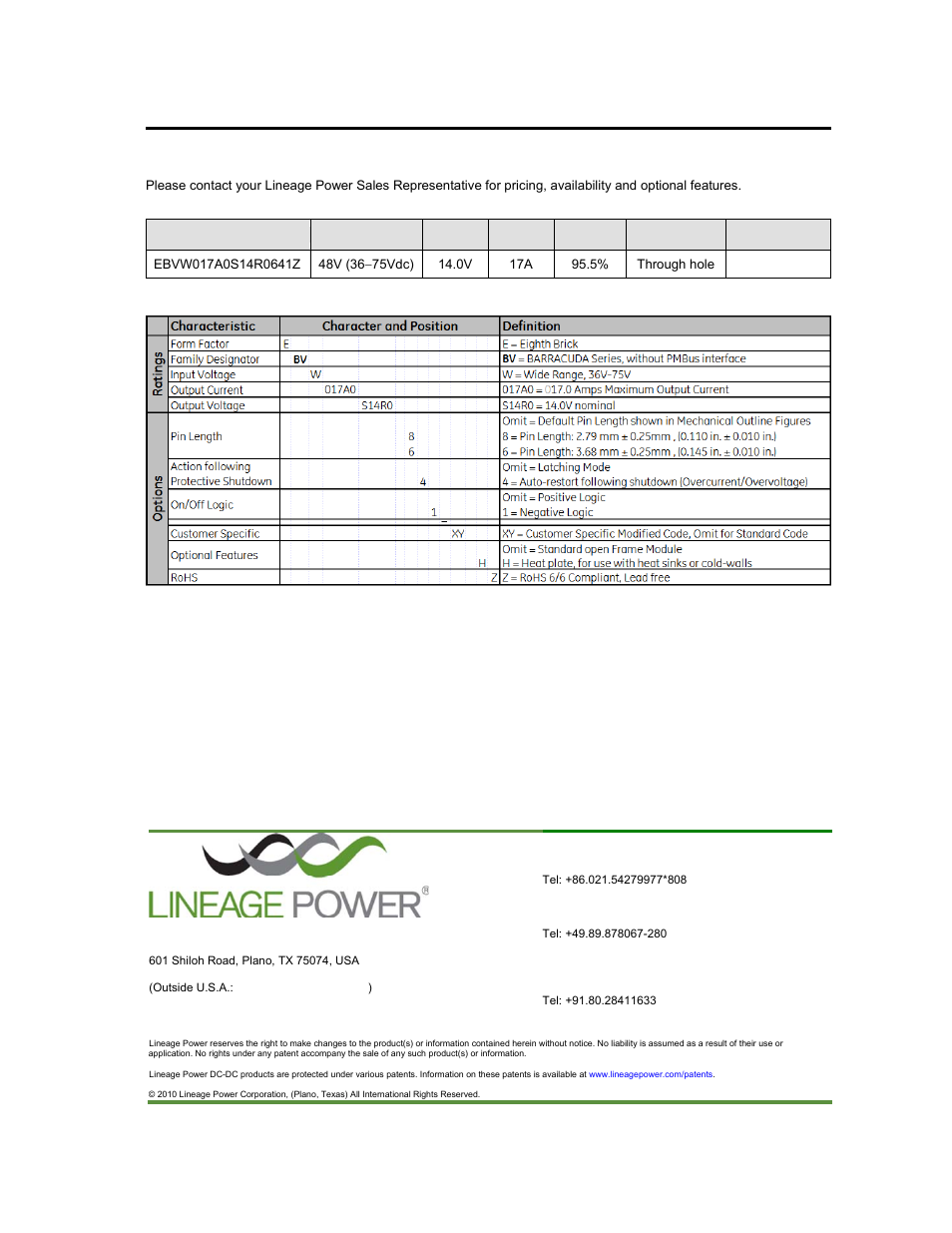 Ordering information, Input; 14.0v, Output; 17a output current | GE Industrial Solutions EBVW017A0S14R0 Series User Manual | Page 15 / 15