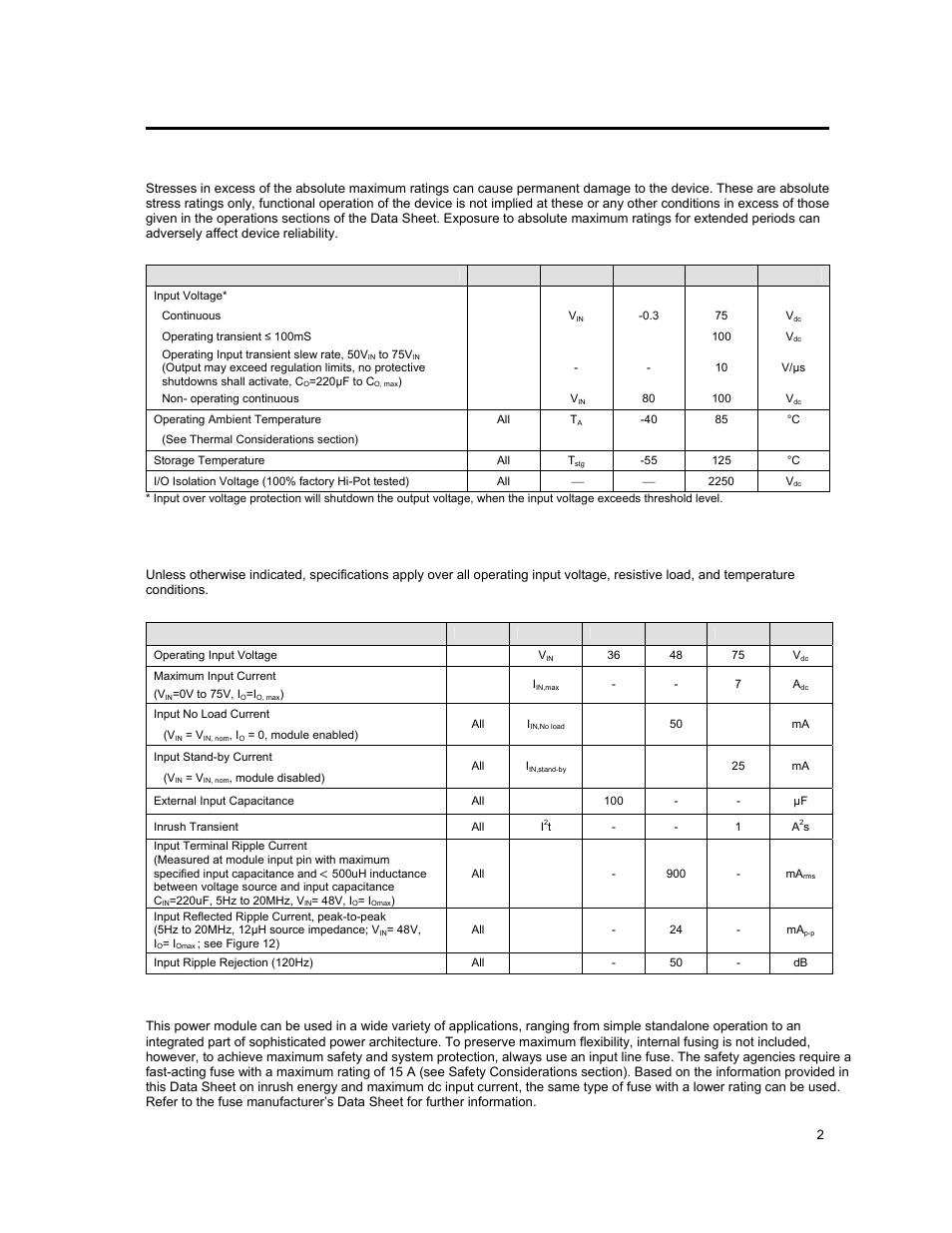 Absolute maximum ratings, Electrical specifications, Input; 14.0v | Output; 17a output current | GE Industrial Solutions EBVW017A0S14R0 Series User Manual | Page 2 / 15