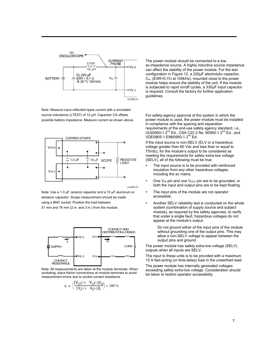 Test configurations, Design considerations, Safety considerations | Input; 14.0v, Output; 17a output current | GE Industrial Solutions EBVW017A0S14R0 Series User Manual | Page 7 / 15