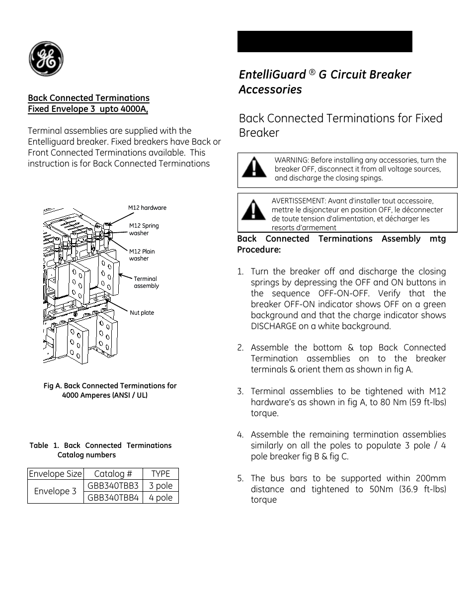 GE Industrial Solutions EntelliGuard G Back Connected Terminations for Fixed Breaker User Manual | 2 pages