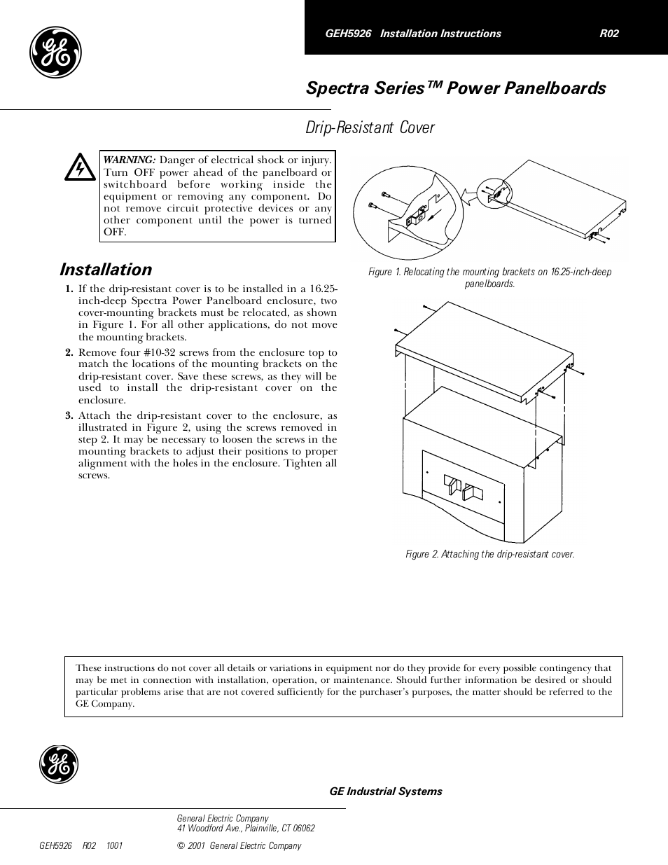 GE Industrial Solutions Spectra Series Power Panelboards Drip-Resistant Cover User Manual | 1 page