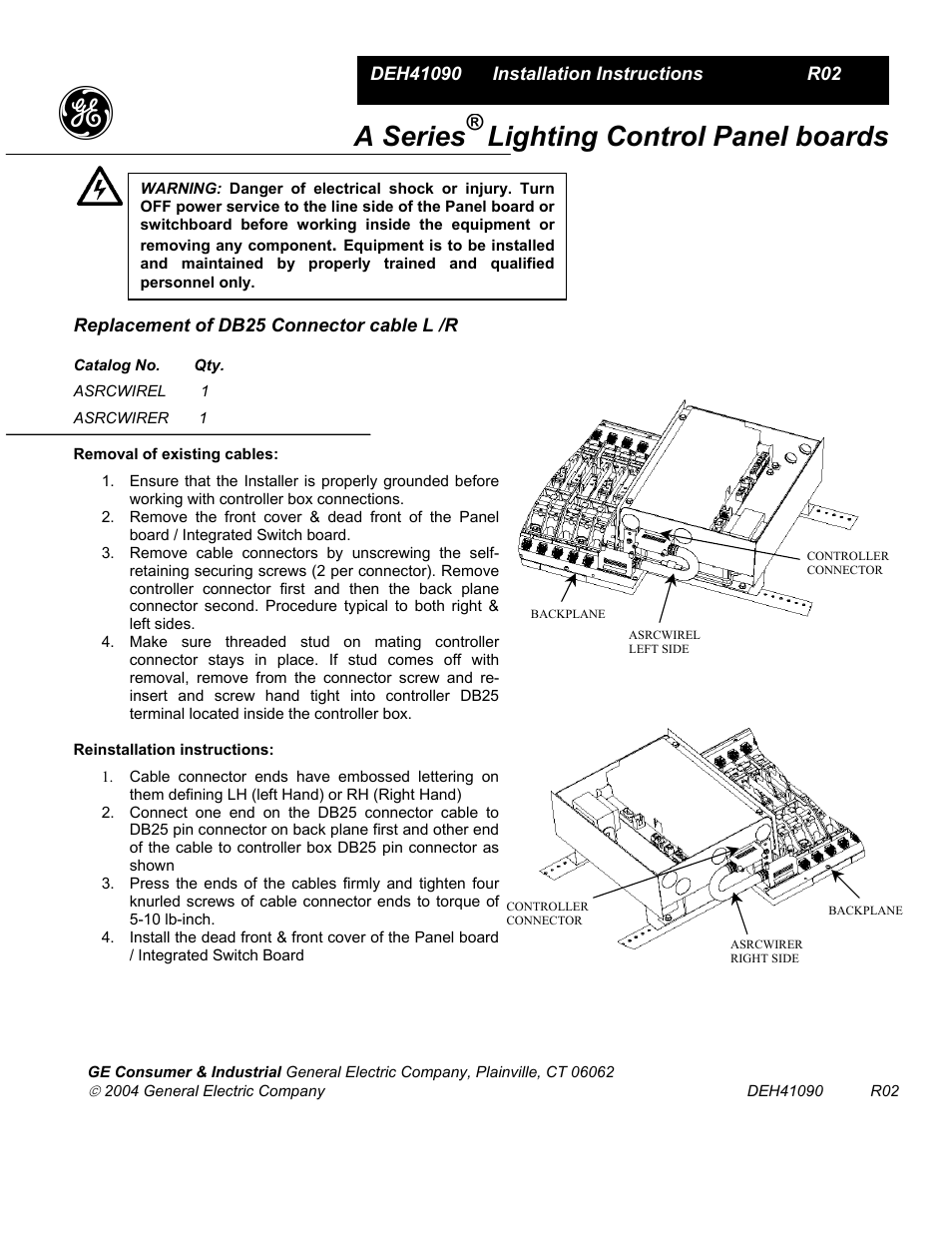 GE Industrial Solutions A Series Lighting Control Panelboards DB25 Connector cable L_R User Manual | 1 page