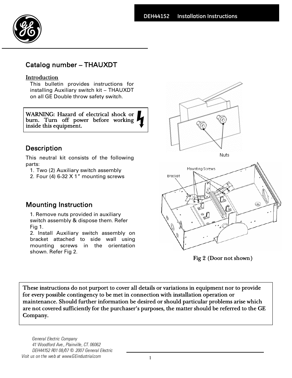 GE Industrial Solutions THAUXDT Auxiliary switch kit User Manual | 1 page