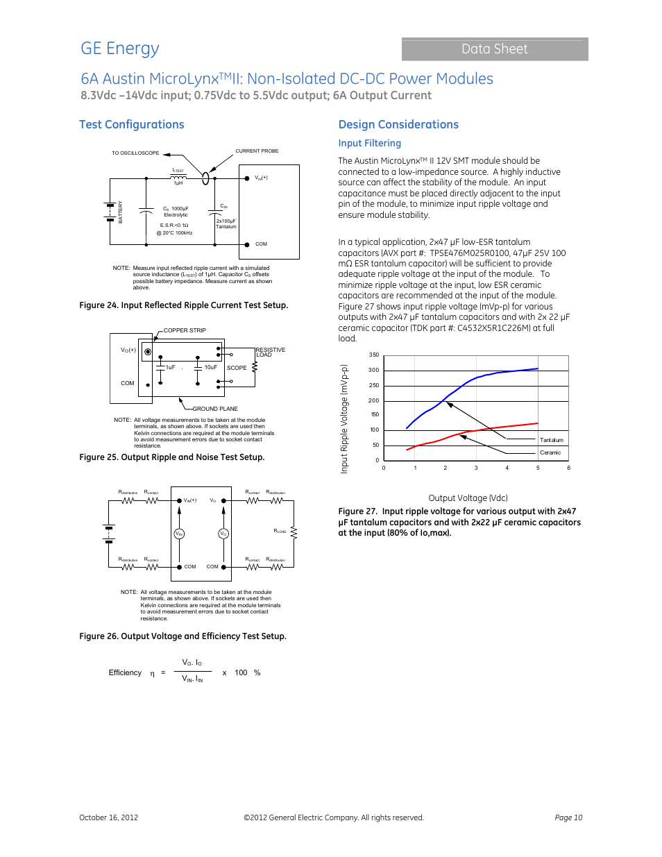 Ge energy, 6a austin microlynx, Ii: non-isolated dc-dc power modules | Data sheet, Test configurations, Design considerations, Input filtering, Figure 25. output ripple and noise test setup, The austin microlynx | GE Industrial Solutions 6A Austin MicroLynx II User Manual | Page 10 / 21