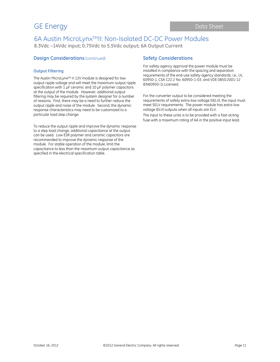 Ge energy, 6a austin microlynx, Ii: non-isolated dc-dc power modules | Data sheet | GE Industrial Solutions 6A Austin MicroLynx II User Manual | Page 11 / 21